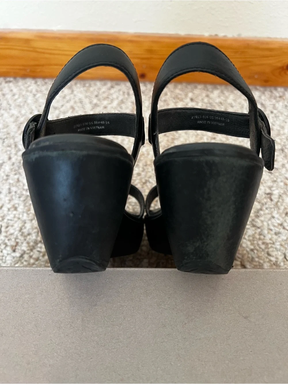 Camper Black Leather Wedge Sandals with Buckle Strap